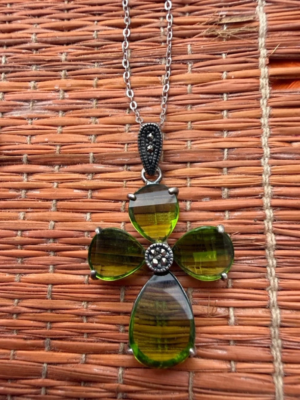 Vintage Sterling Silver Peridot & Marcasite Cross Pendant - 1.67 inch